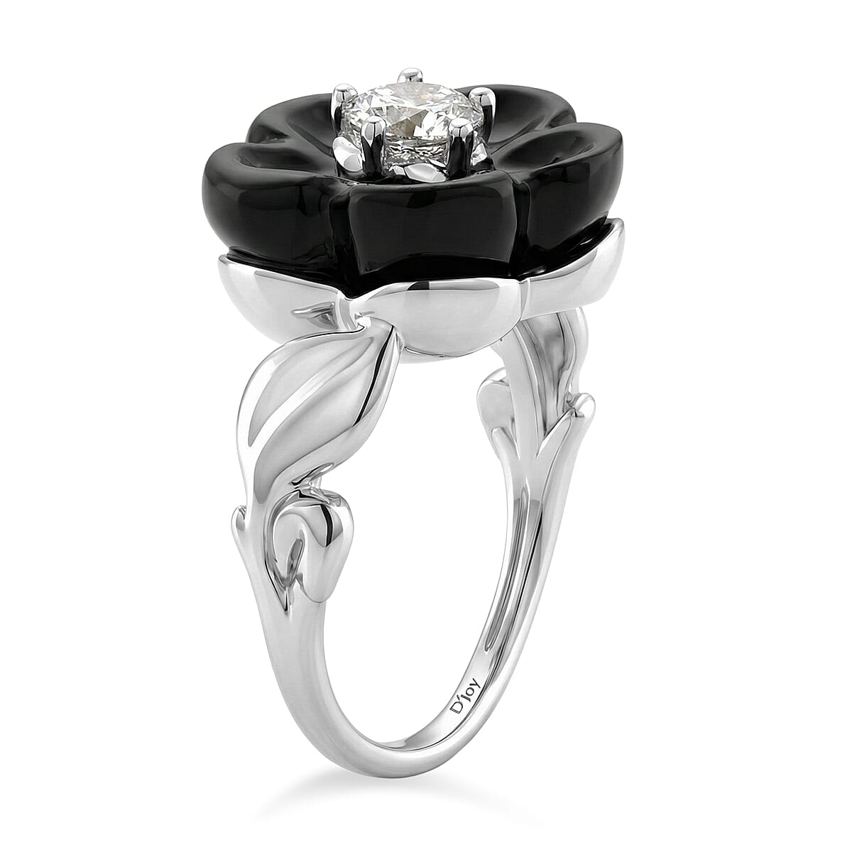 Black Jade Flower &amp; Lab Grown Diamond (SI/GH- 0.50 ct) Flower Ring in Rhodium Overlay Sterling Silver. 8350990 3