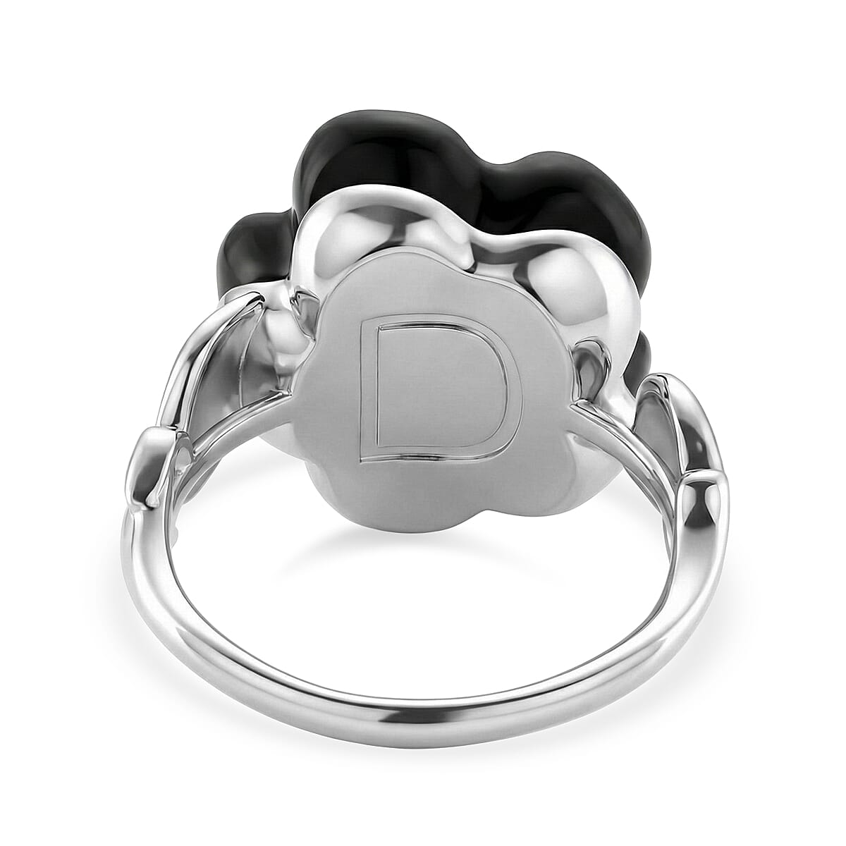 Black Jade Flower &amp; Lab Grown Diamond (SI/GH- 0.50 ct) Flower Ring in Rhodium Overlay Sterling Silver. 8350990 4