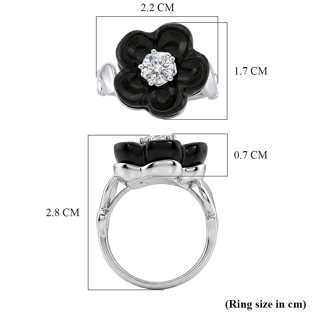 Black Jade Flower &amp; Lab Grown Diamond (SI/GH- 0.50 ct) Flower Ring in Rhodium Overlay Sterling Silver. 8350990 5