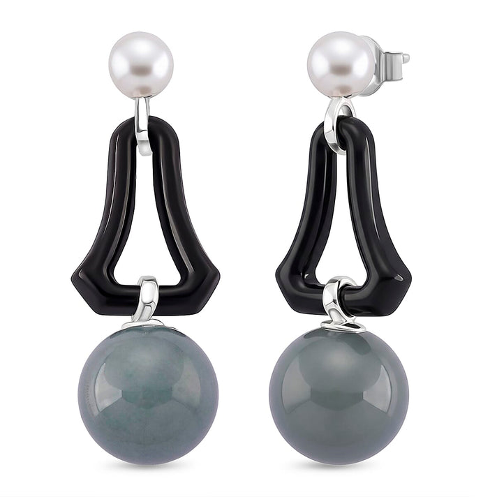 D'Joy Natural Olmec Black Jade, Fresh Water Pearl &amp; Natural Jadeite Dangling Earring in Rhodium Overlay Sterling Silver 8422505 1