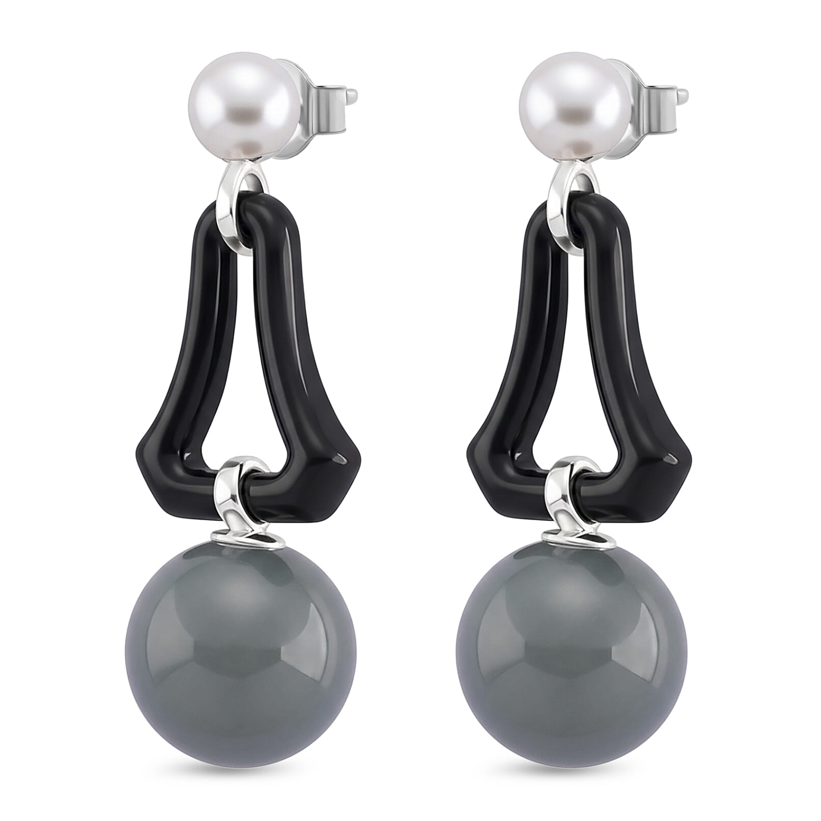 D'Joy Natural Olmec Black Jade, Fresh Water Pearl &amp; Natural Jadeite Dangling Earring in Rhodium Overlay Sterling Silver 8422505 4