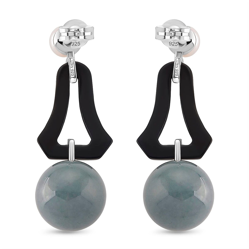 D'Joy Dyed Black Jade, Fresh Water Pearl & Natural Jadeite Dangling Earring in Rhodium Overlay Sterling Silver