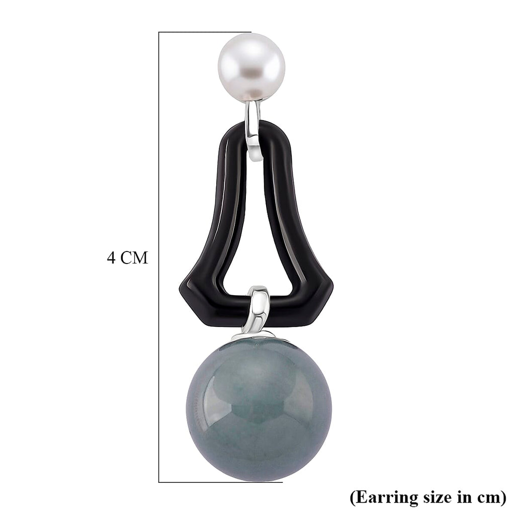 D'Joy Dyed Black Jade, Fresh Water Pearl & Natural Jadeite Dangling Earring in Rhodium Overlay Sterling Silver