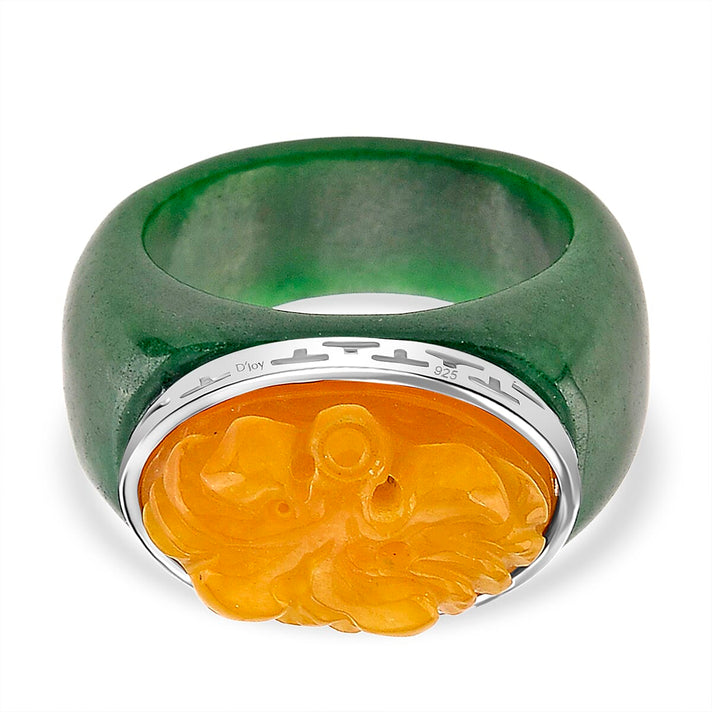 D'Joy Honey Jade &amp; Green Jade Flower Ring in Rhodium Overlay Sterling Silver 46.07 Ct. 8260734 1