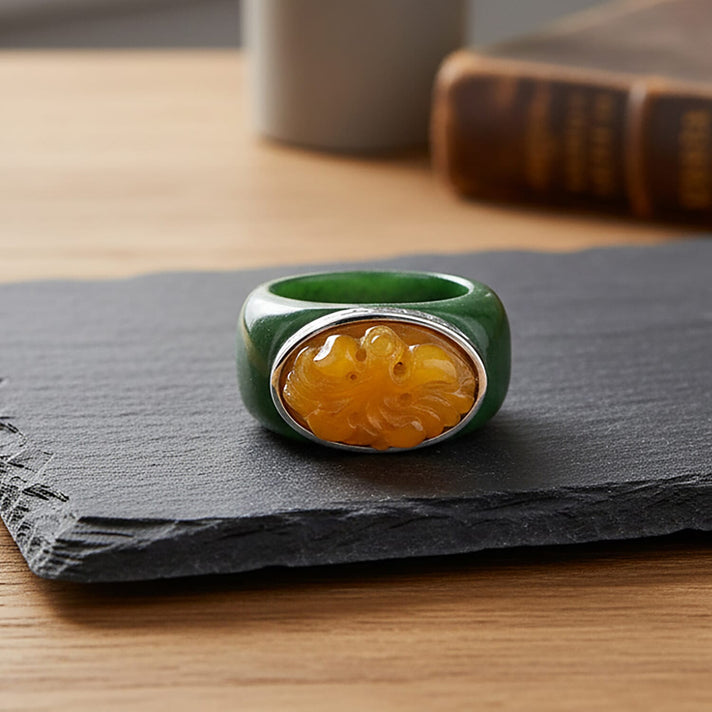 D'Joy Honey Jade &amp; Green Jade Flower Ring in Rhodium Overlay Sterling Silver 46.07 Ct. 8260734 2