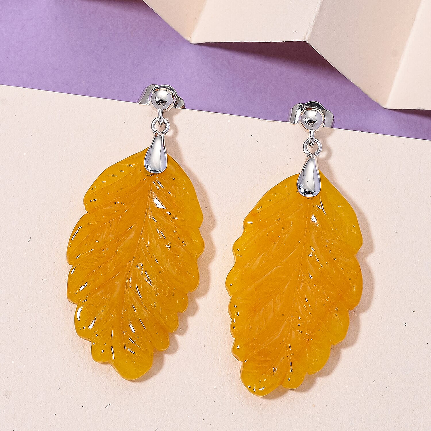 D'Joy Honey Jade Leaf Earring with Push Back in Rhodium Overlay Sterling Silver 51.96 Ct. 8246255 3
