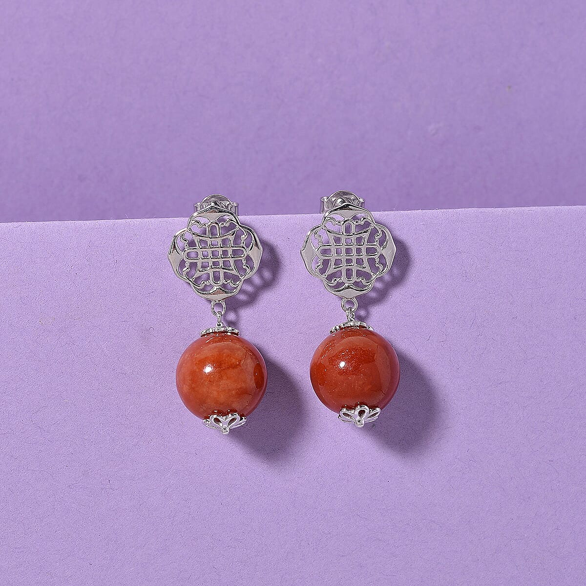 D'Joy Enhanced Red Jade Ball Drop Earring with Push Back in Rhodium Overlay Sterling Silver 29.00 Ct. 8422428 2