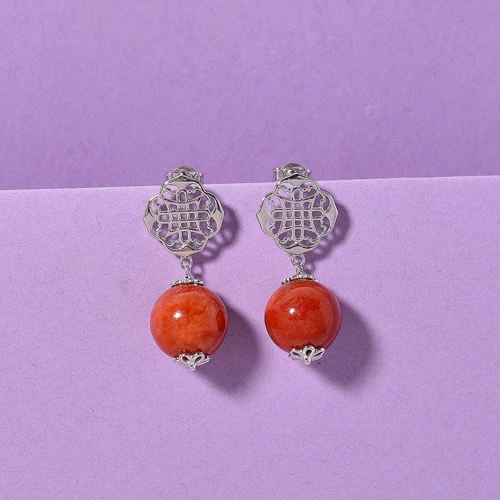 D'Joy Enhanced Red Jade Ball Drop Earring with Push Back in Rhodium Overlay Sterling Silver 29.00 Ct. 8422428 2