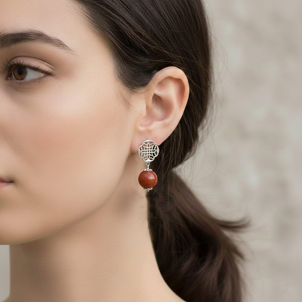 D'Joy Enhanced Red Jade Ball Drop Earring with Push Back in Rhodium Overlay Sterling Silver 29.00 Ct. 8422428 3