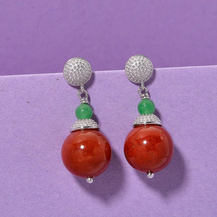 D'Joy Enhanced Red Jade &amp; Green Jade Drop Earring with Push Back in Rhodium Overlay Sterling Silver 32.24 Ct. 8259266 2