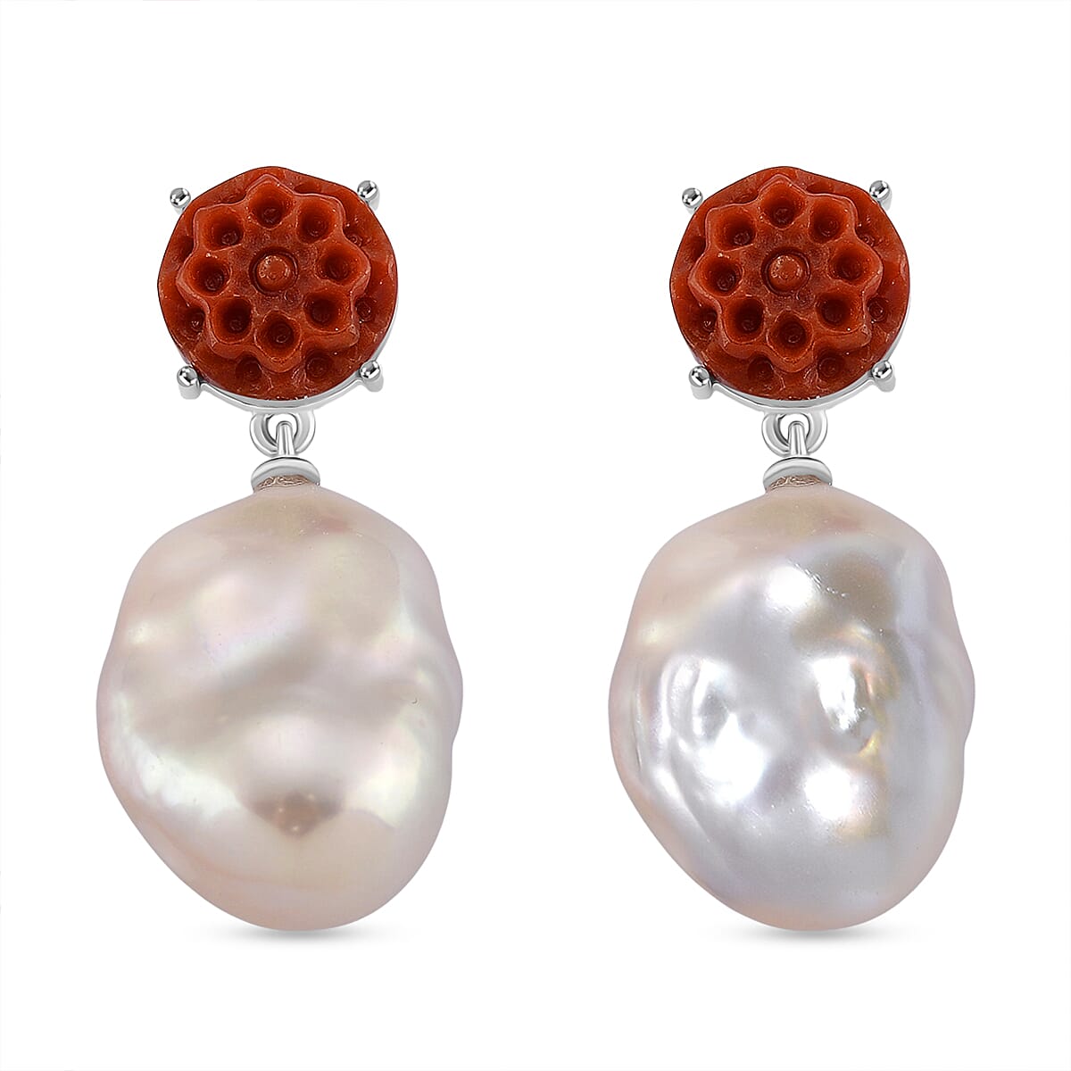 D'Joy Enhanced Red Jade &amp; White Baroque Pearl Earring with Push Back in Rhodium Overlay Sterling Silver. 8259270 0