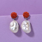 D'Joy Enhanced Red Jade & White Baroque Pearl Earring with Push Back in Rhodium Overlay Sterling Silver.
