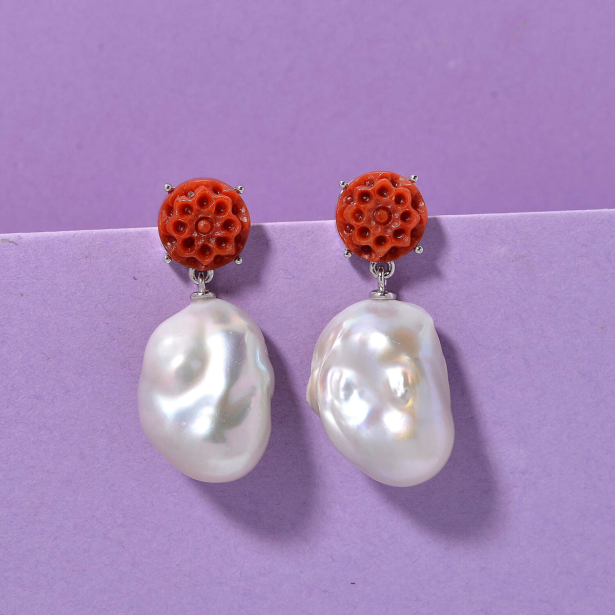 D'Joy Enhanced Red Jade &amp; White Baroque Pearl Earring with Push Back in Rhodium Overlay Sterling Silver. 8259270 2