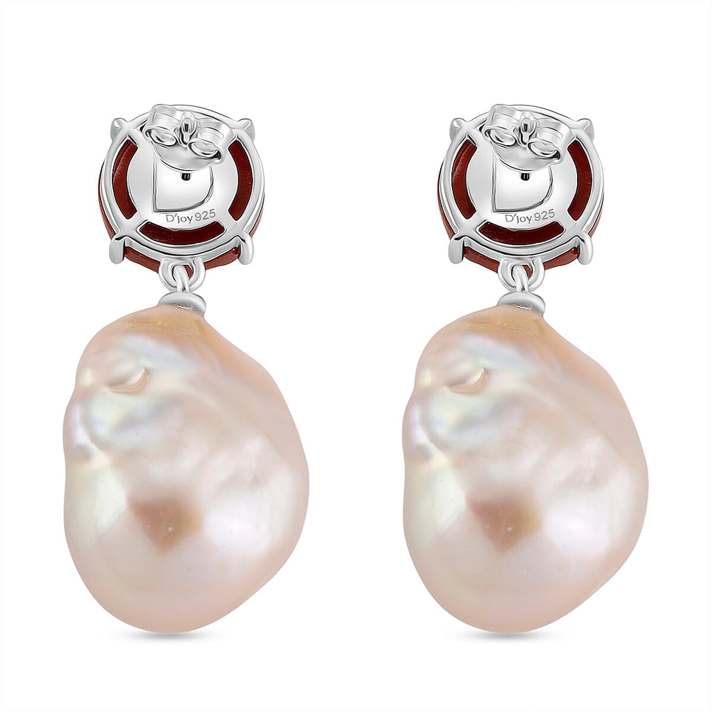 D'Joy Enhanced Red Jade & White Baroque Pearl Earring with Push Back in Rhodium Overlay Sterling Silver.