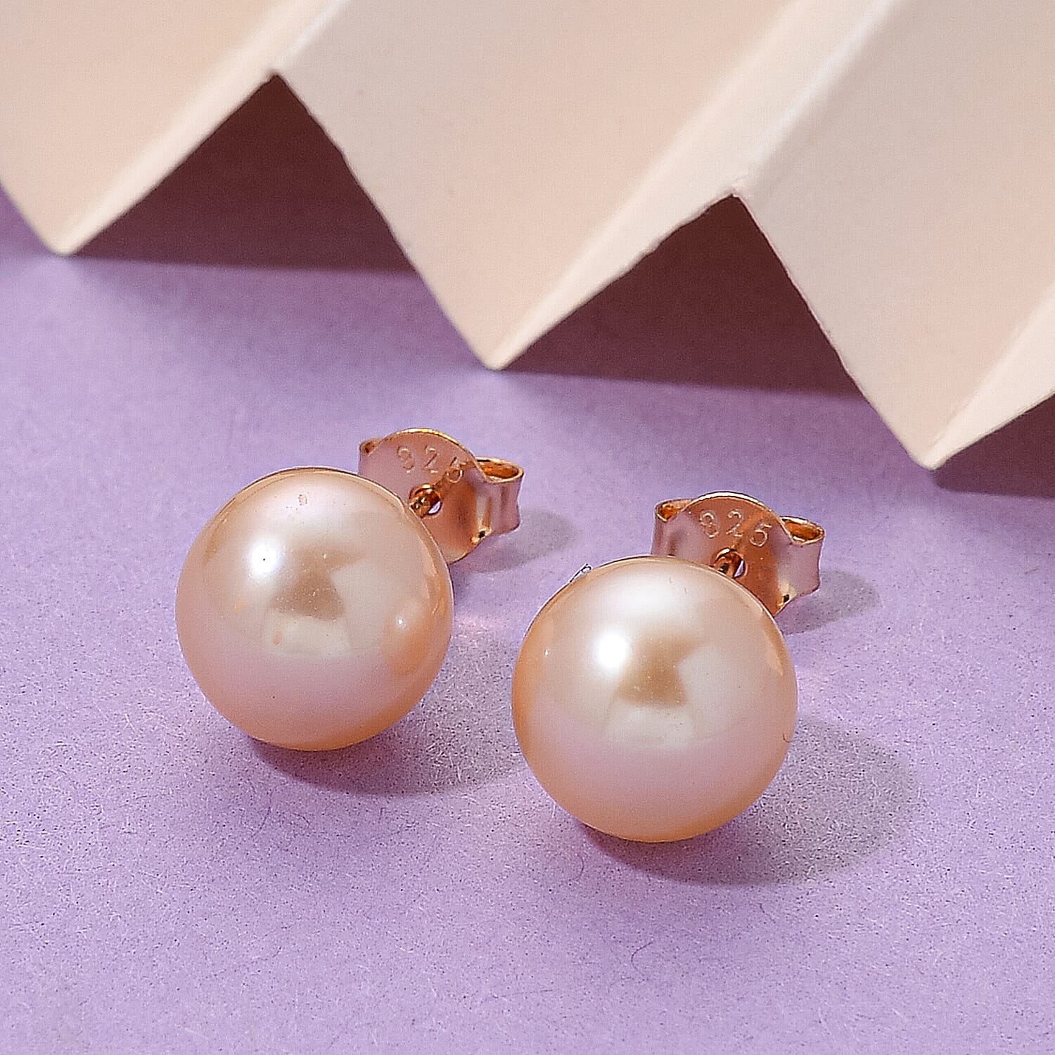 Peach Edison Pearl (10mm) Earring with Push Back in Rose Gold Plated Sterling Silver 8246266 2