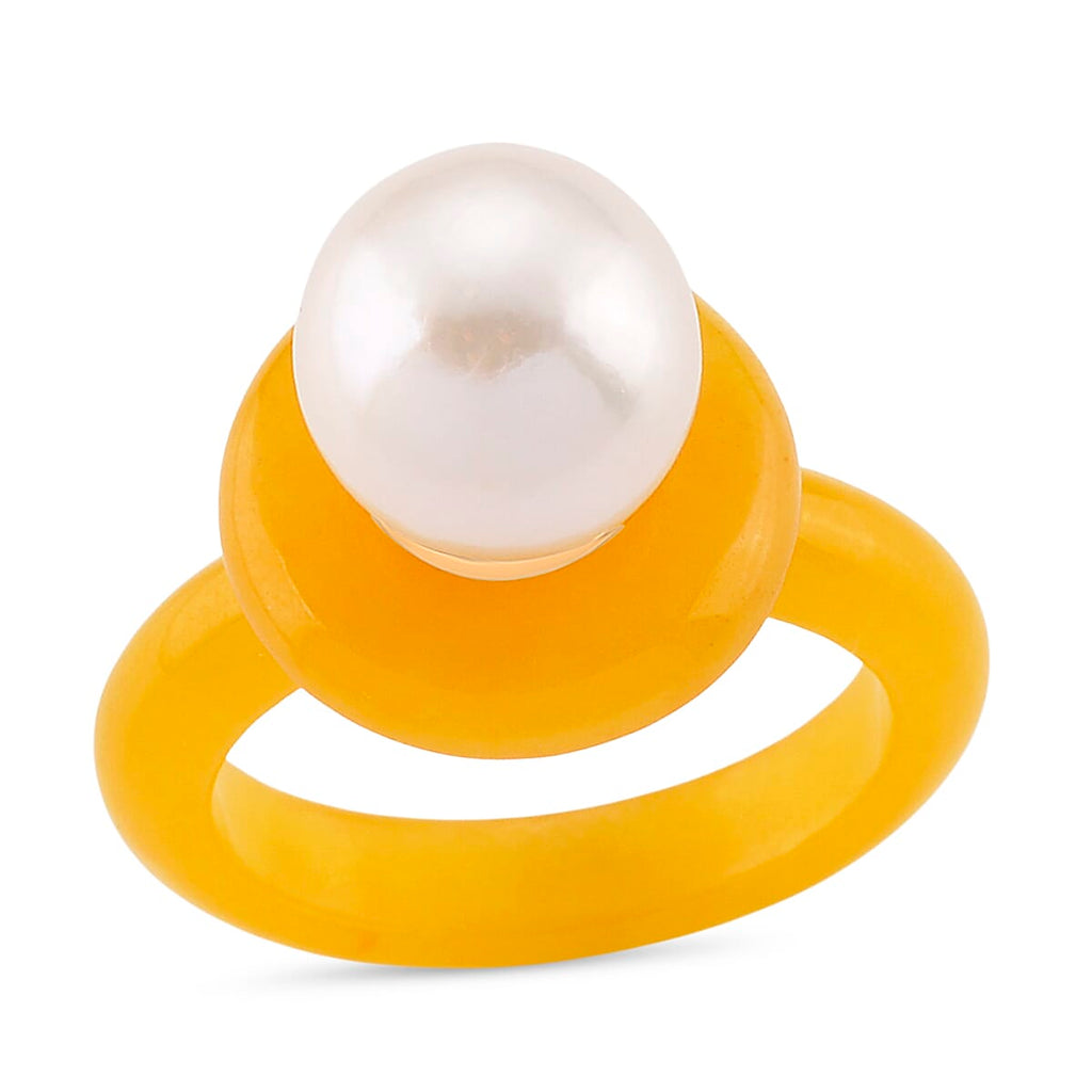 D'Joy Edison Pearl & Honey Jade Ring in Yellow Gold Plated Sterling Silver 26.52 Ct.
