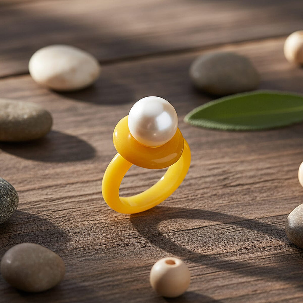 D'Joy Edison Pearl & Honey Jade Ring in Yellow Gold Plated Sterling Silver 26.52 Ct.