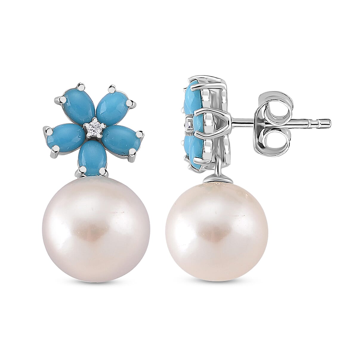 D'Joy Sleeping Beauty Turquoise and Edison Pearl &amp; White Zircon Earring with Push Back in Rhodium Overlay Sterling Silver 17.25 Ct. 8246192 0