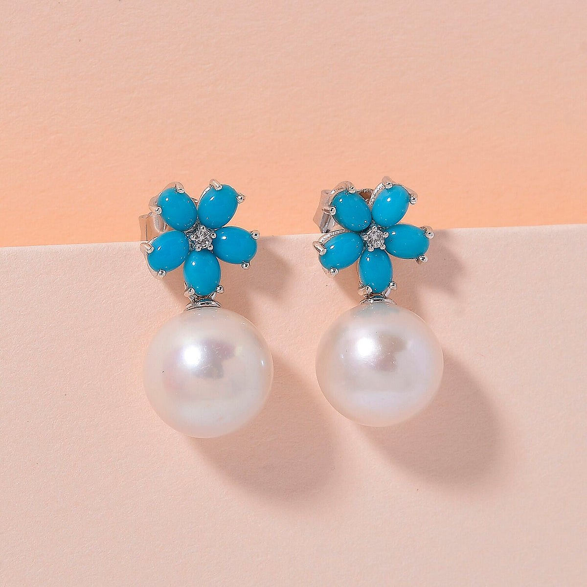 D'Joy Sleeping Beauty Turquoise and Edison Pearl &amp; White Zircon Earring with Push Back in Rhodium Overlay Sterling Silver 17.25 Ct. 8246192 1