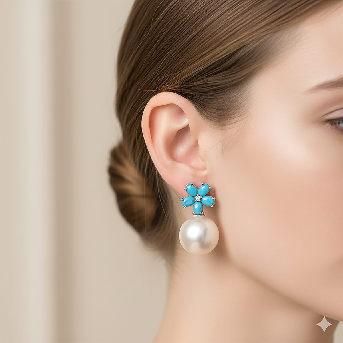 D'Joy Sleeping Beauty Turquoise and Edison Pearl &amp; White Zircon Earring with Push Back in Rhodium Overlay Sterling Silver 17.25 Ct. 8246192 2