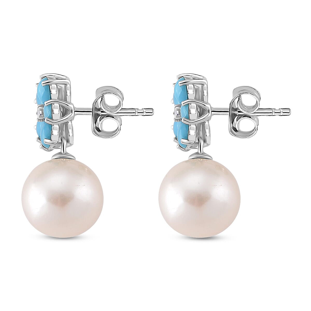 D'Joy Sleeping Beauty Turquoise and Edison Pearl &amp; White Zircon Earring with Push Back in Rhodium Overlay Sterling Silver 17.25 Ct. 8246192 3