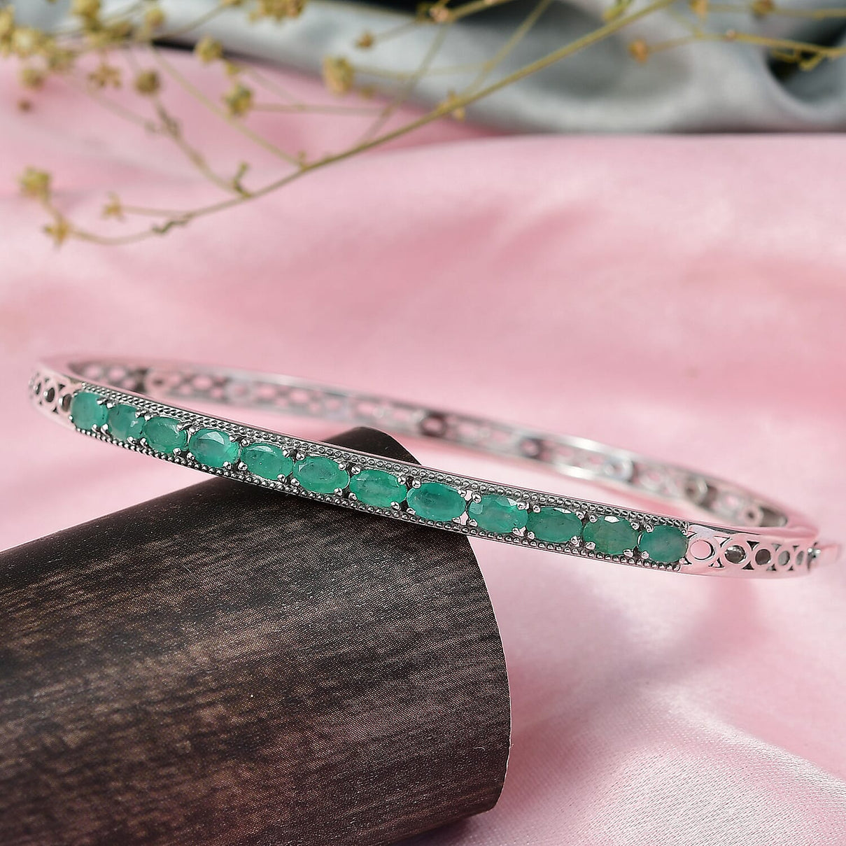 D'Joy 2.56 Ct. Emerald Full Openable Bangle (Size 7.5) in Rhodium Overlay Sterling Silver 8279119 2