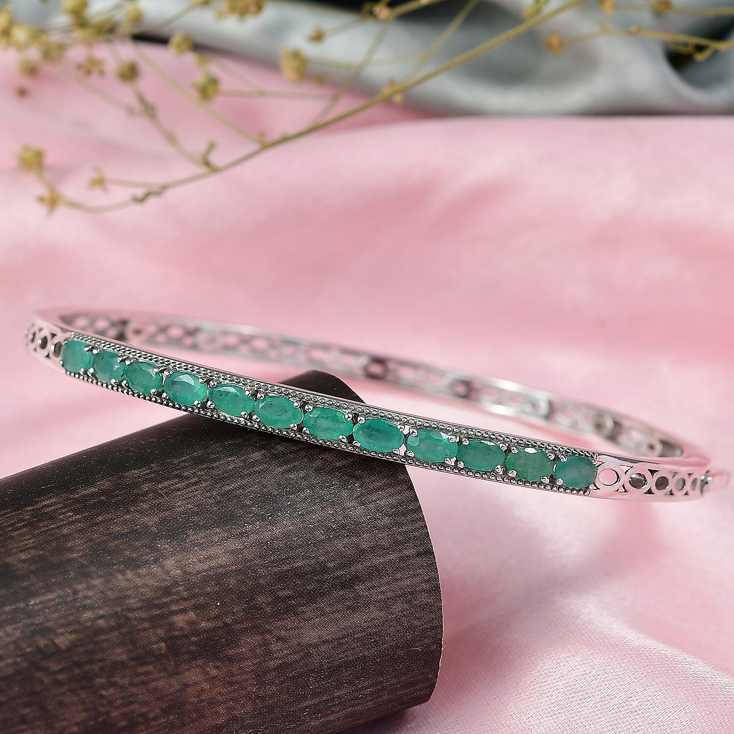 D'Joy 2.56 Ct. Emerald Full Openable Bangle (Size 7.5) in Rhodium Overlay Sterling Silver 8279119 2
