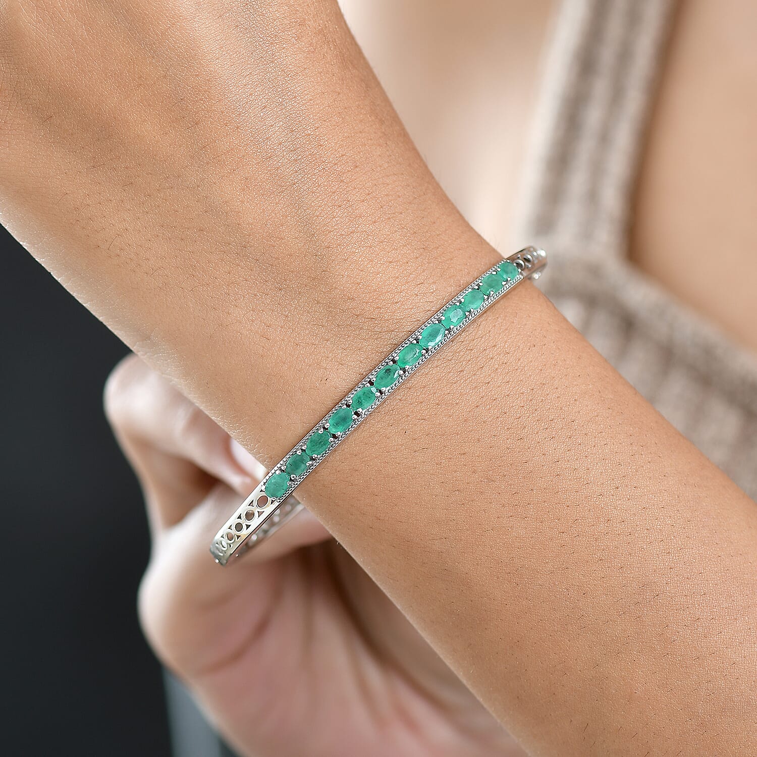 D'Joy 2.56 Ct. Emerald Full Openable Bangle (Size 7.5) in Rhodium Overlay Sterling Silver 8279119 3