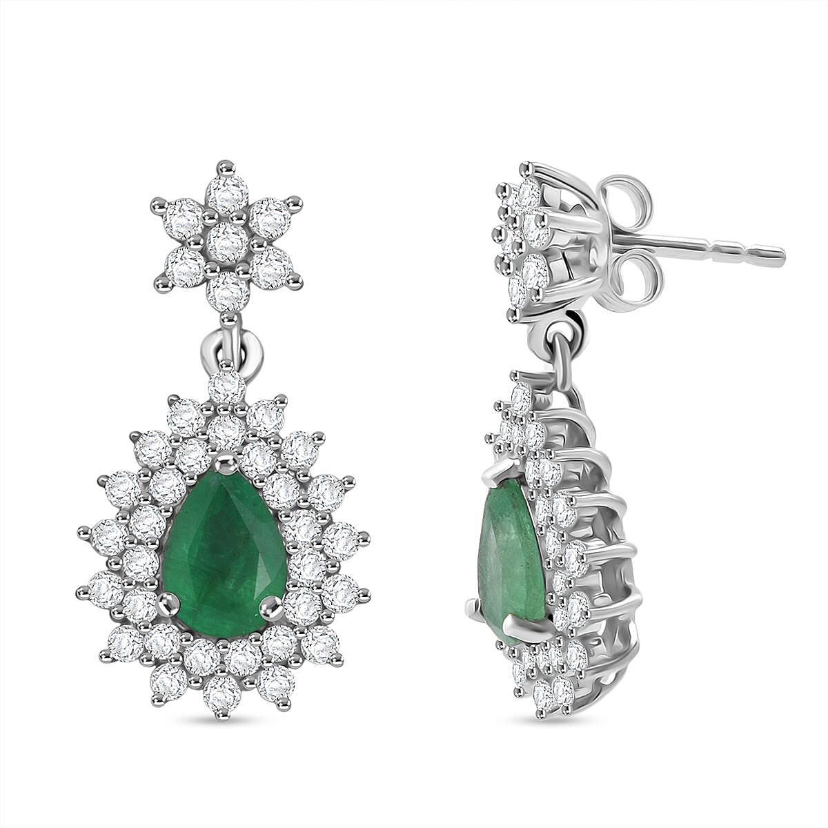 D'Joy Emerald &amp; Moissanite Earring in Rhodium Overlay Sterling Silver 2.33 Ct. 8325129 0