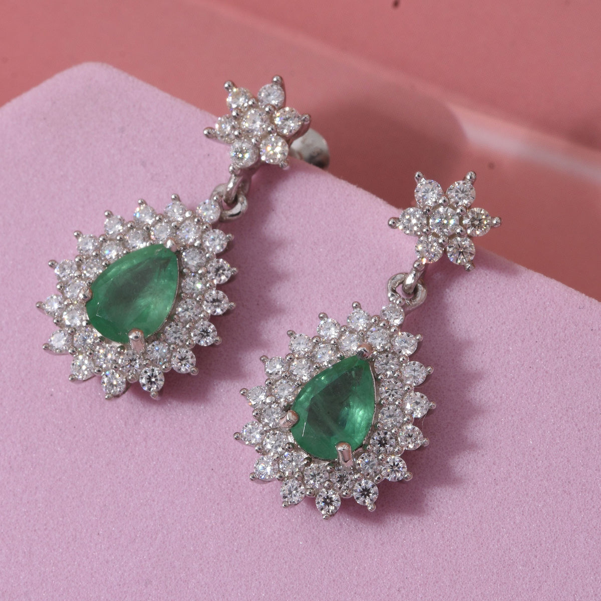 D'Joy Emerald &amp; Moissanite Earring in Rhodium Overlay Sterling Silver 2.33 Ct. 8325129 1