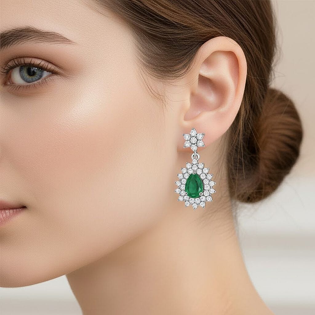 D'Joy Emerald &amp; Moissanite Earring in Rhodium Overlay Sterling Silver 2.33 Ct. 8325129 2
