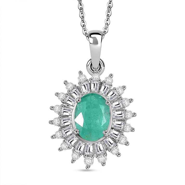D'Joy Emerald,  Moissanite Halo Pendant with Chain (Size 20) in Rhodium Overlay Sterling Silver 1.80 Ct. 4425316 1