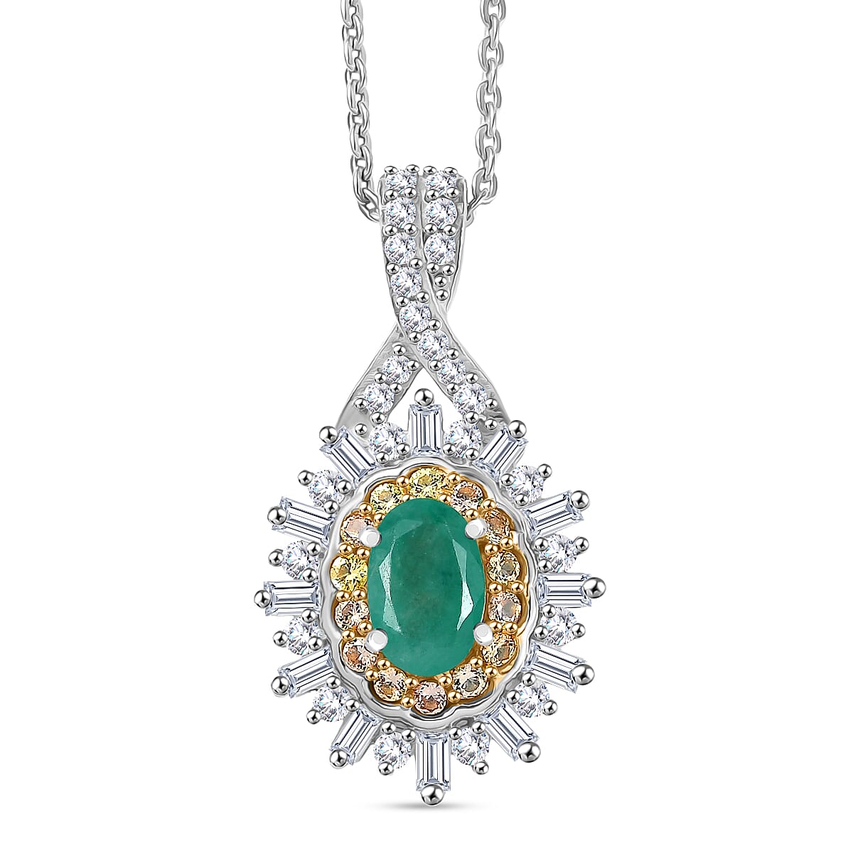 D'Joy Emerald, Yellow Sapphire, Moissanite Halo Pendant with Chain (Size 20) in Rhodium Overlay Sterling Silver 4433632 0