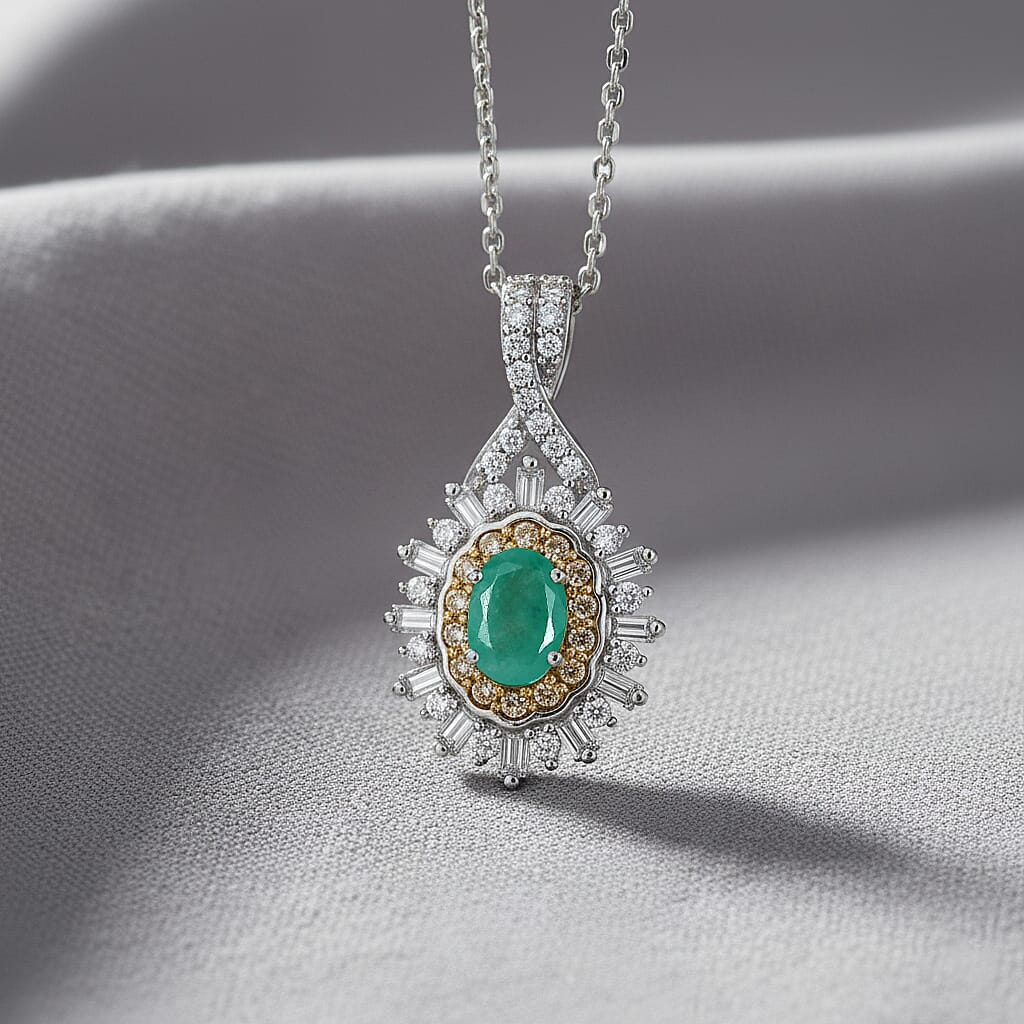D'Joy Emerald, Yellow Sapphire, Moissanite Halo Pendant with Chain (Size 20) in Rhodium Overlay Sterling Silver 4433632 2