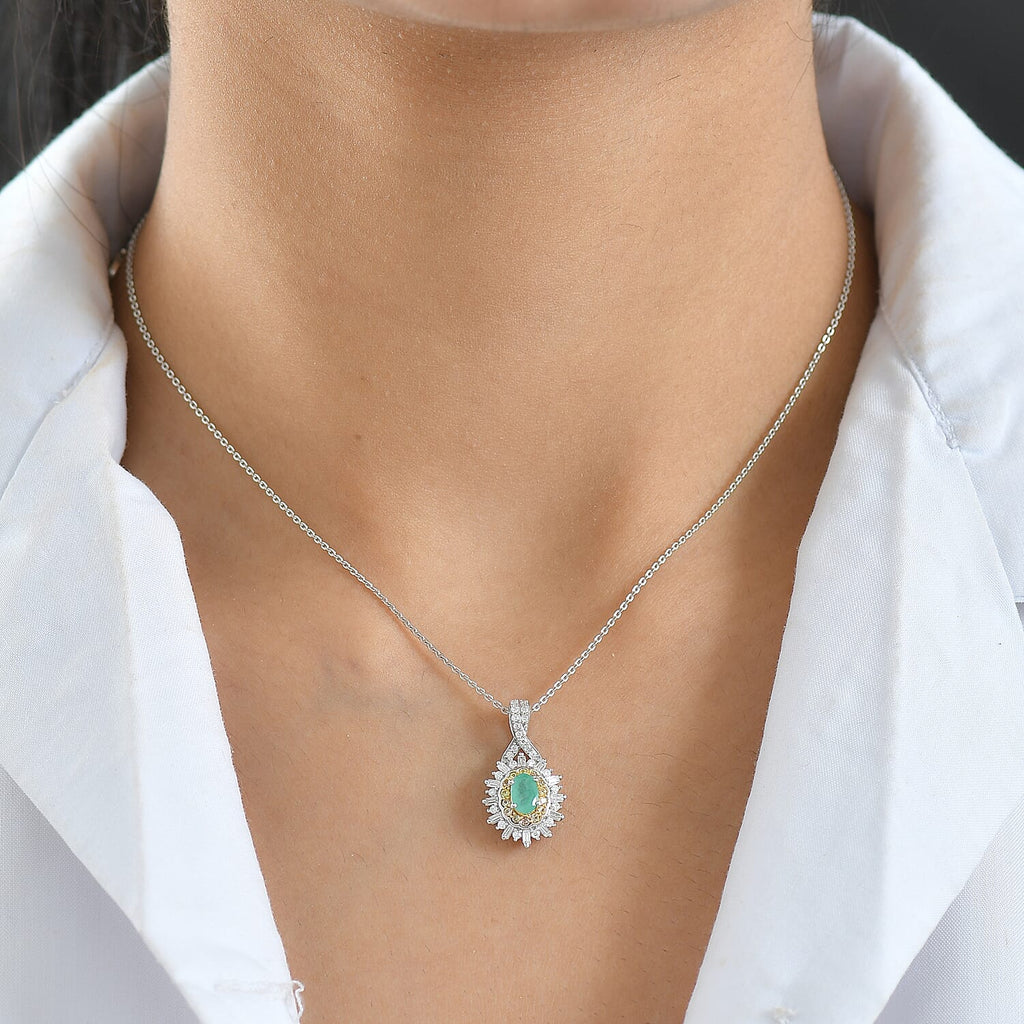 D'Joy Emerald, Yellow Sapphire & Moissanite Pendant with Chain (Size 20) in Rhodium Overlay Sterling Silver