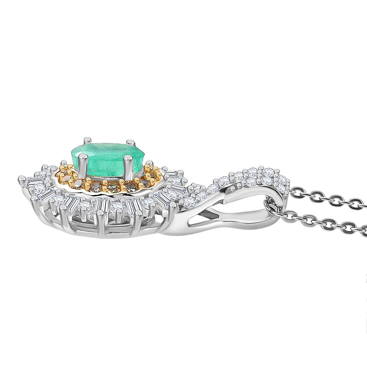 D'Joy Emerald, Yellow Sapphire, Moissanite Halo Pendant with Chain (Size 20) in Rhodium Overlay Sterling Silver 4433632 4