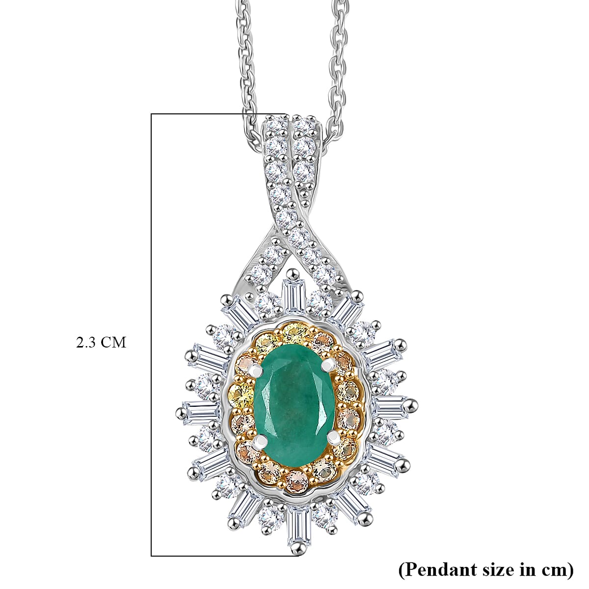 D'Joy Emerald, Yellow Sapphire, Moissanite Halo Pendant with Chain (Size 20) in Rhodium Overlay Sterling Silver 4433632 7