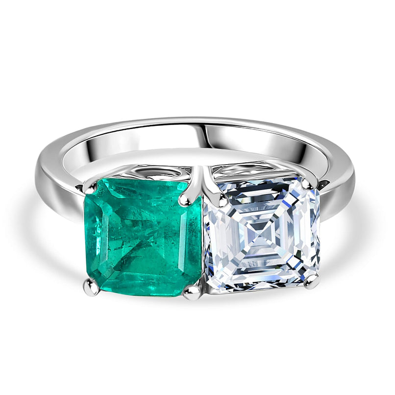 D'Joy Emeraldine Triplet Quartz and Moissanite Ring in Platinum Overlay Sterling Silver 3.69 Ct.