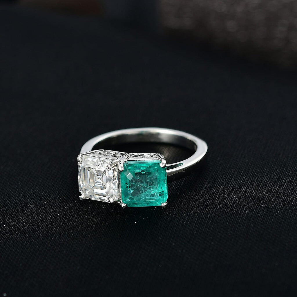 D'Joy Emeraldine Triplet Quartz and Moissanite Ring in Platinum Overlay Sterling Silver 3.69 Ct.