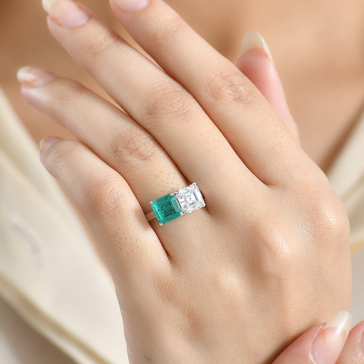 D'Joy Emeraldine Triplet Quartz and Moissanite Ring in Platinum Overlay Sterling Silver 3.69 Ct. V32725991 3