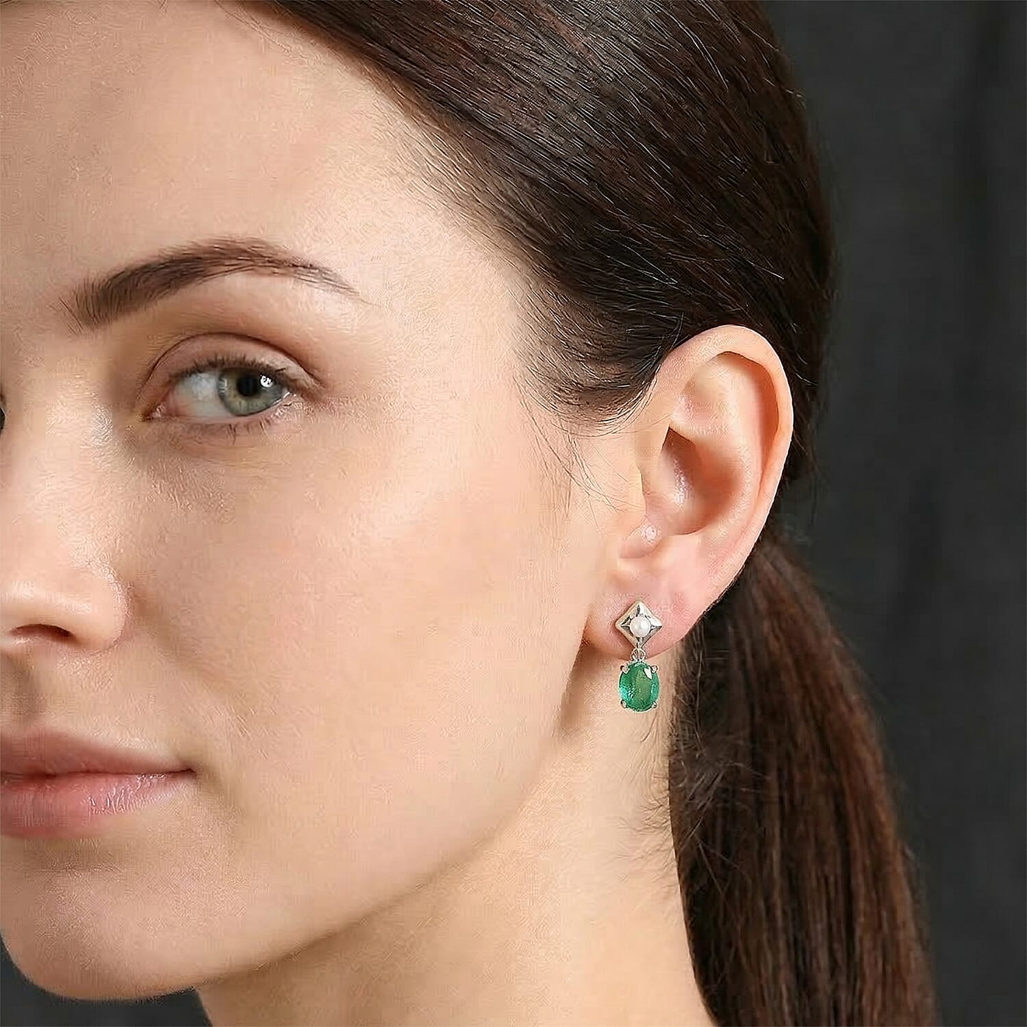 D'Joy Emeraldine Triplet Quartz &amp; Fresh Water Pearl Dangling Earring with Push Post in Platinum Overlay Sterling Silver 3.40 Ct. 8507853 2