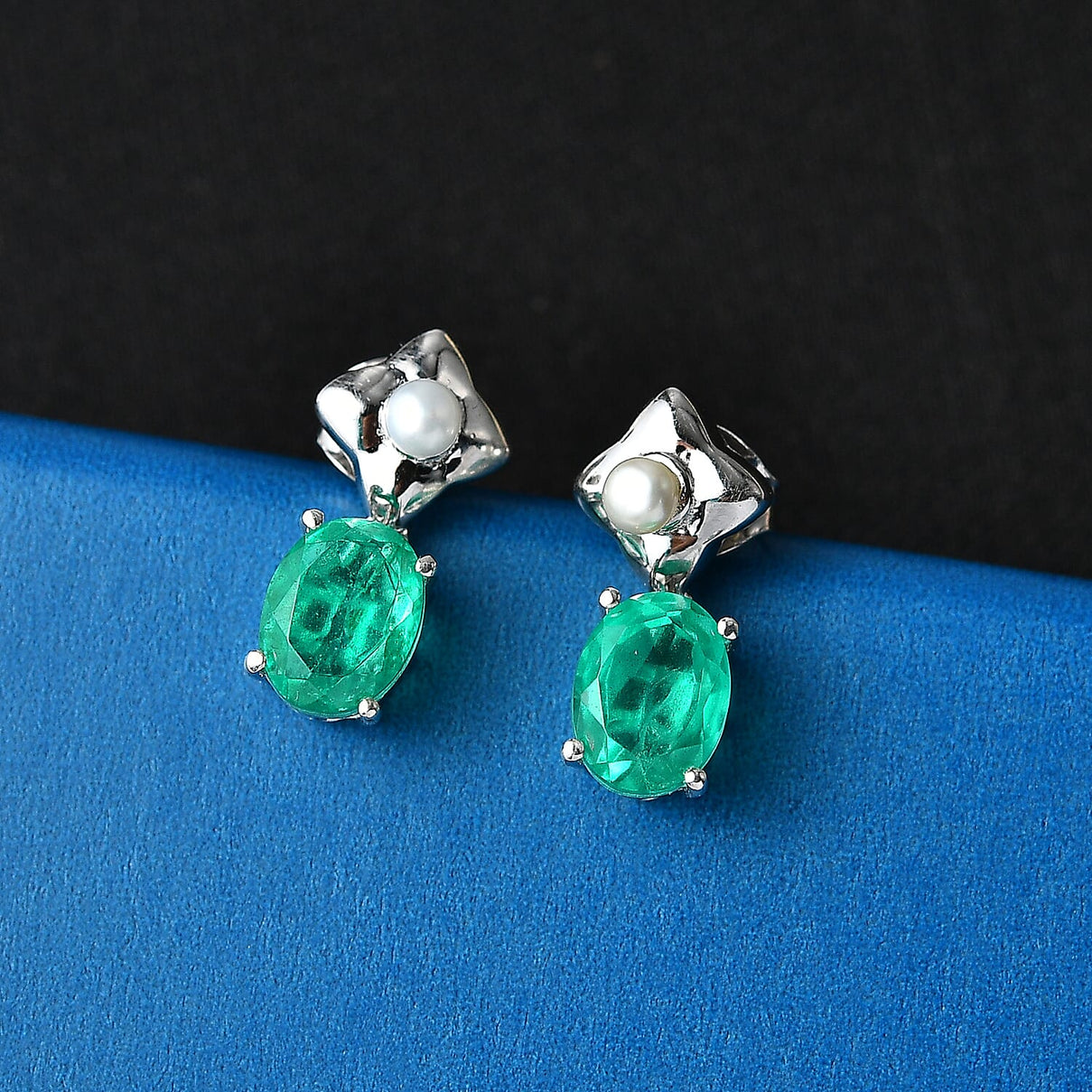 D'Joy Emeraldine Triplet Quartz &amp; Fresh Water Pearl Dangling Earring with Push Post in Platinum Overlay Sterling Silver 3.40 Ct. 8507853 3