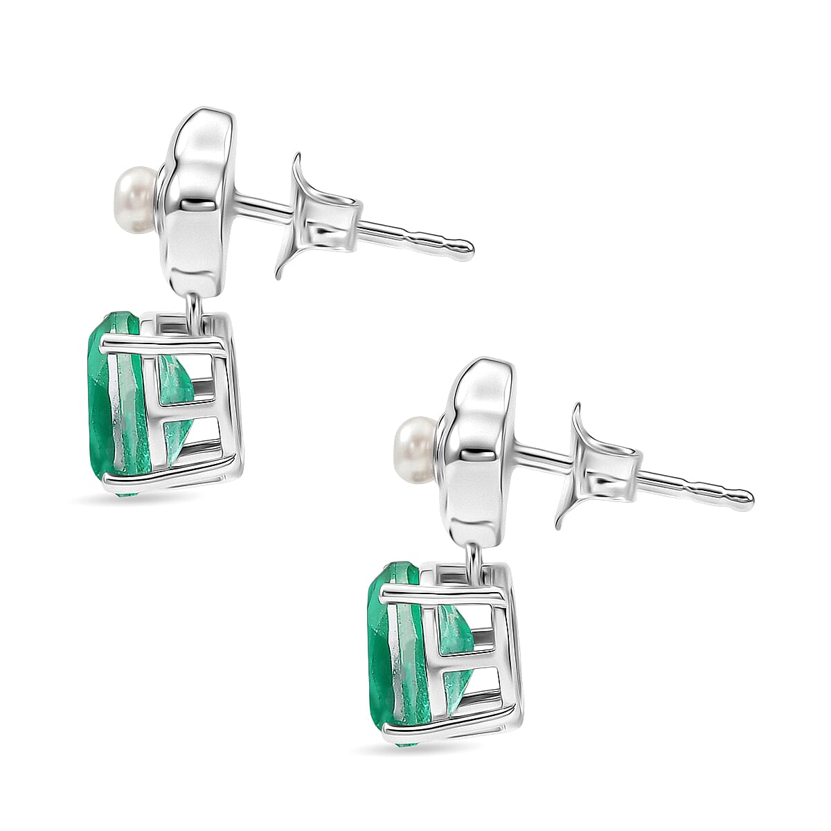 D'Joy Emeraldine Triplet Quartz &amp; Fresh Water Pearl Dangling Earring with Push Post in Platinum Overlay Sterling Silver 3.40 Ct. 8507853 4