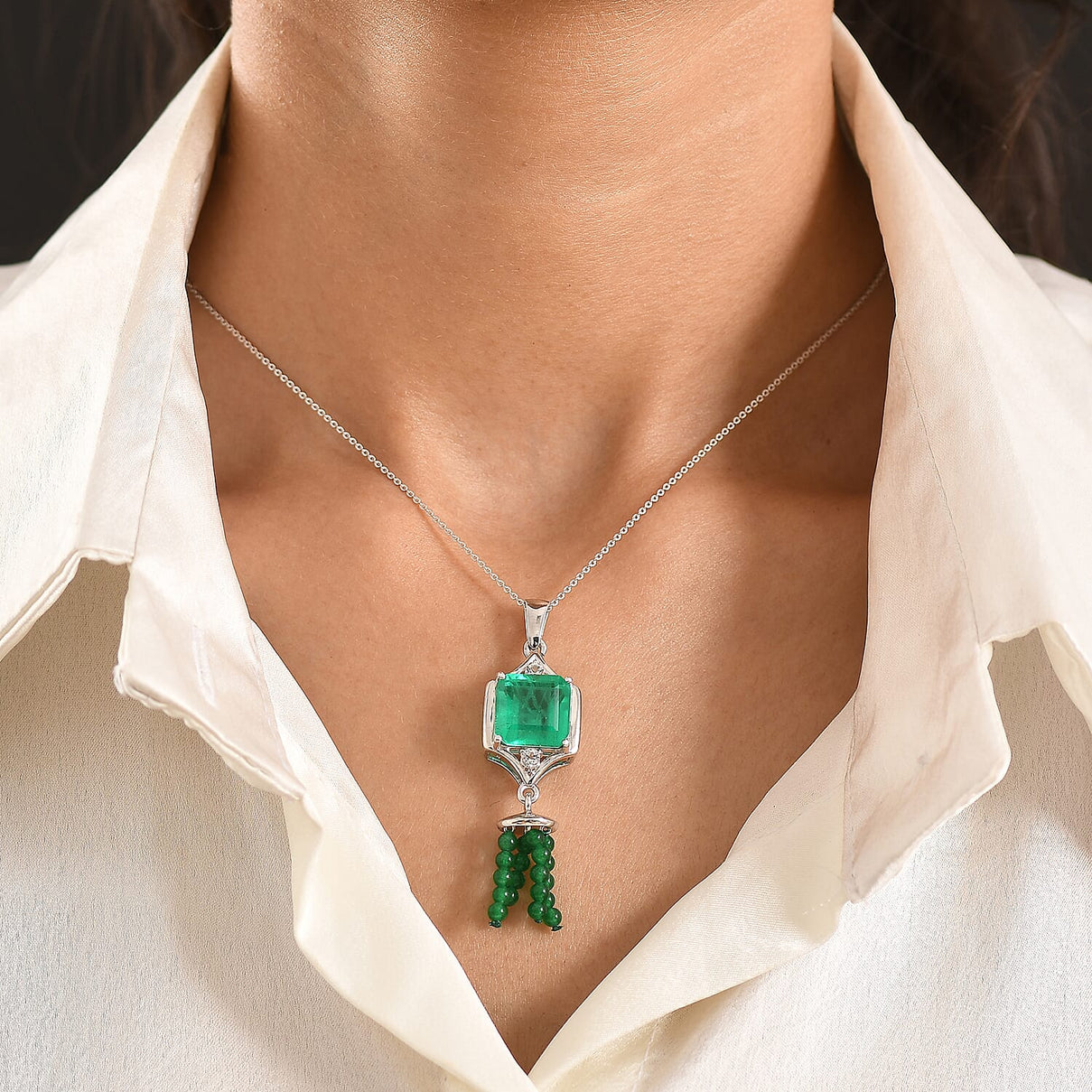 D'Joy Emeraldine Triplet Quartz, Green Quartz &amp; White Topaz  Geometric Drop Pendant with Chain (Size 20) in Platinum Overlay Sterling Silver 13.82 Ct 4461599 2
