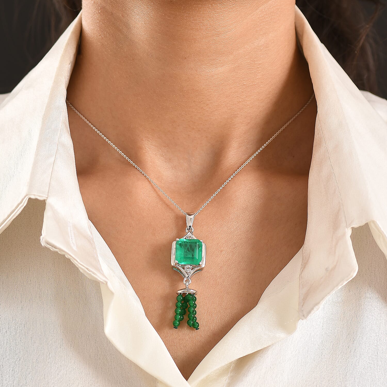 D'Joy Emeraldine Triplet Quartz, Green Quartz &amp; White Topaz  Geometric Drop Pendant with Chain (Size 20) in Platinum Overlay Sterling Silver 13.82 Ct 4461599 2