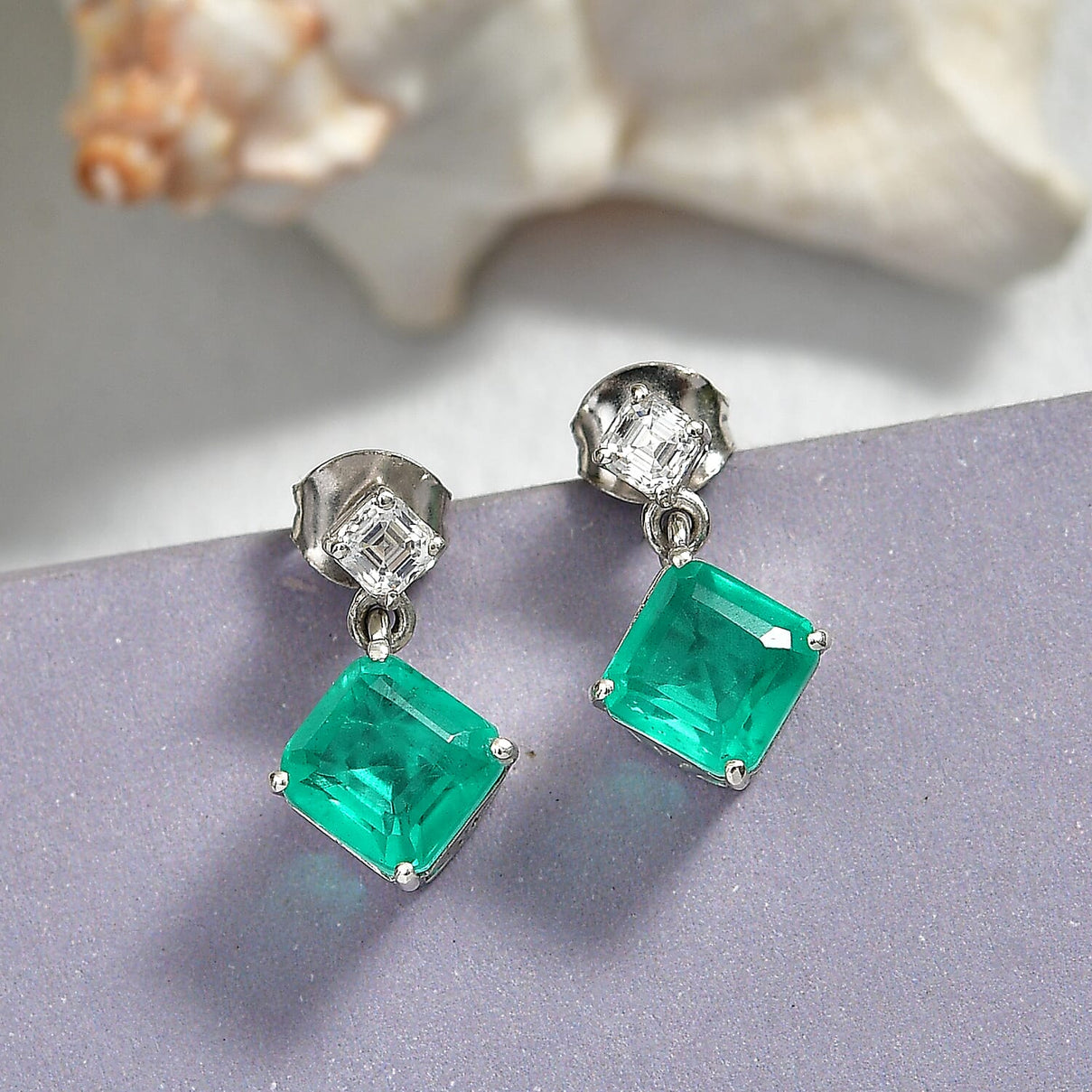 D'Joy Emeraldine Triplet Quartz &amp; Moissanite Dangling Earring with Push Post in Platinum Overlay Sterling Silver 4.06 Ct. 8513218 0