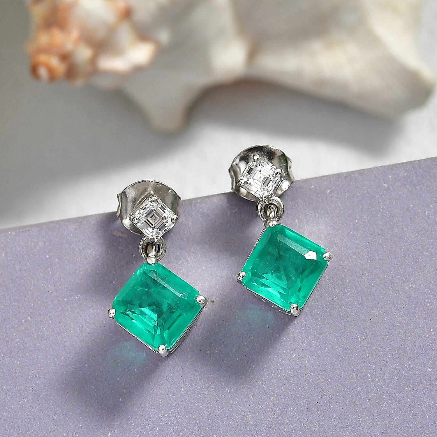 D'Joy Emeraldine Triplet Quartz &amp; Moissanite Dangling Earring with Push Post in Platinum Overlay Sterling Silver 4.06 Ct. 8513218 0