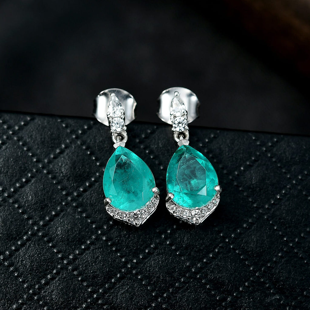 D'Joy Emeraldine Triplet Quartz & White Zircon Dangling Earring in Platinum Overlay Sterling Silver 4.69 Ct.