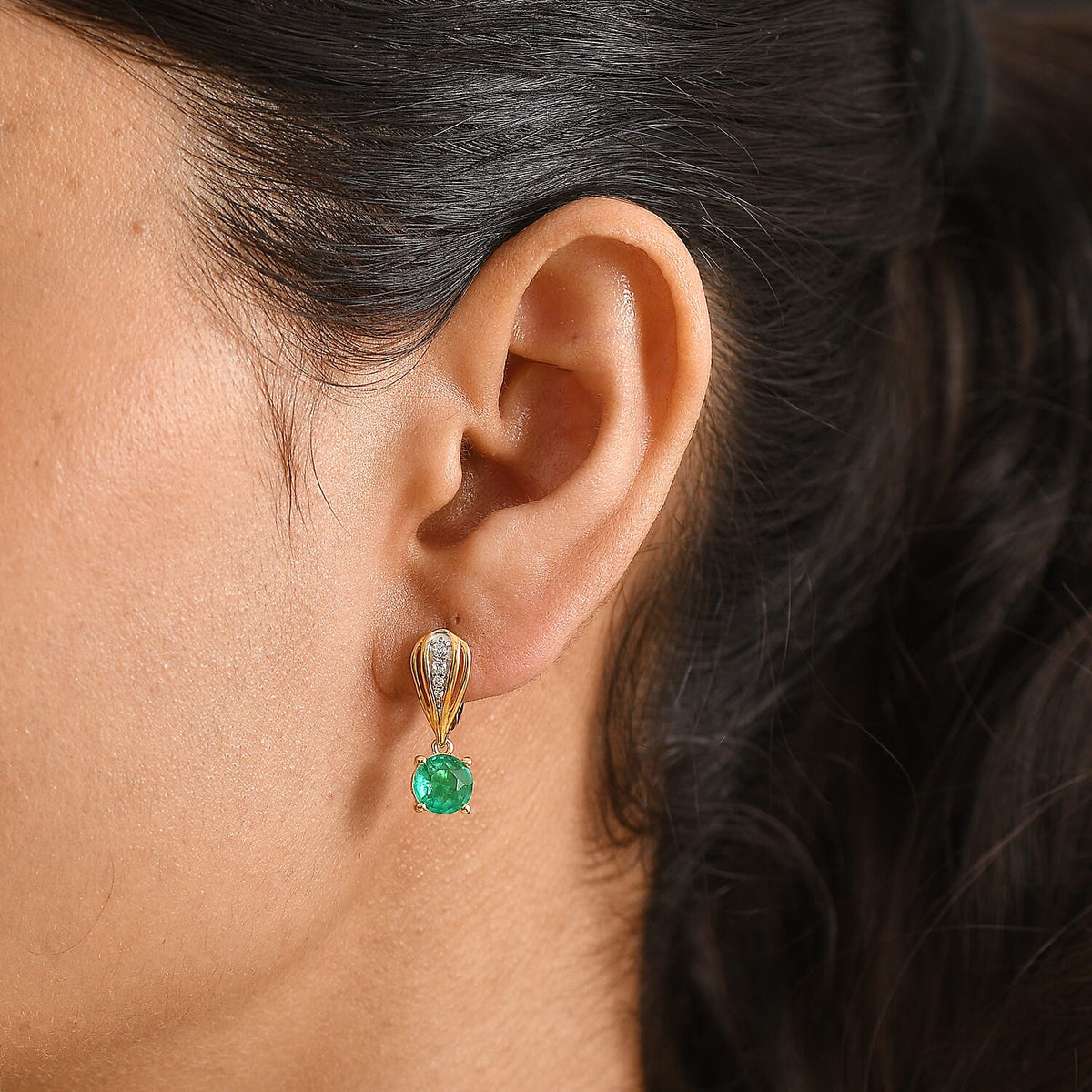 D'Joy Emeraldine Triplet Quartz &amp; White Zircon Dangling Earring with Clasp in Yellow Gold Plated Sterling Silver 2.90 Ct. 8505949 2