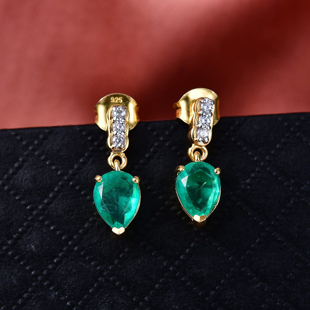 D'Joy Emeraldine Triplet Quartz &amp; White Zircon Dangling Earring with Push Post in Yellow Gold Plated Sterling Silver 2.85 Ct. 8507851 2